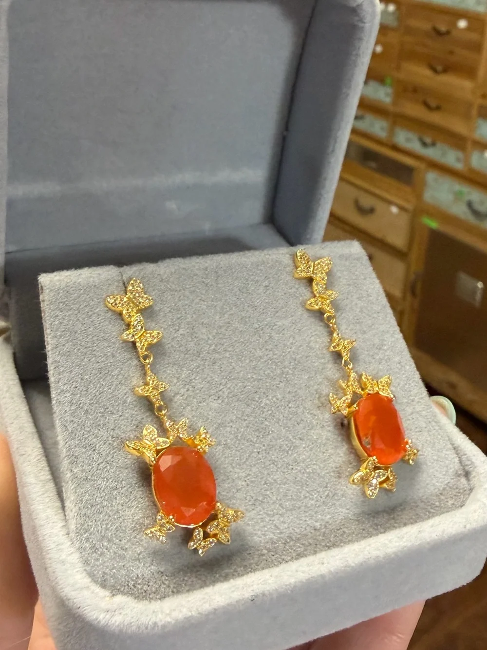 Natural Carnelian 3CT w/ Zircon in 18K Yellow Gold butterfly Dangle Earrings